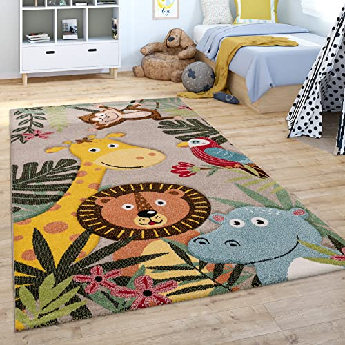Paco Home Kinderteppich Teppich Kinderzimmer Junge Mädchen Modern Tier Motiv Dschungel Beige Braun Grün, Grösse:120 cm Rund