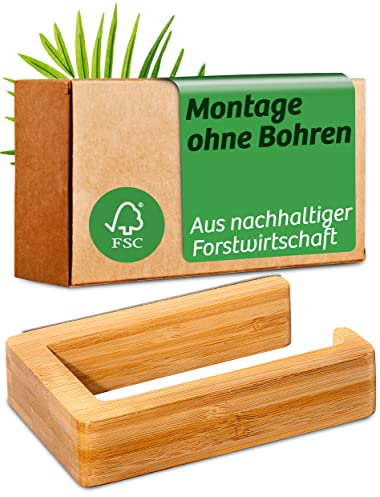 Praknu Toilettenpapierhalter ohne Bohren aus FSC® Holz - Einfache Befestigung - Bambus aus Nachhaltiger Forstwirtschaft - Hält Sicher an der Wand