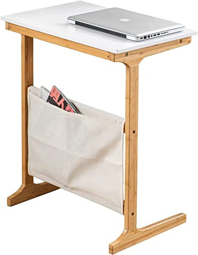 Beistelltisch Bambus mit Verstellbarer Tischplatte, Laptoptisch C Form mit Abnehmbarer Aufbewahrungstasche, Multifunktioneller Couchtisch Kaffeetisch Sofatisch