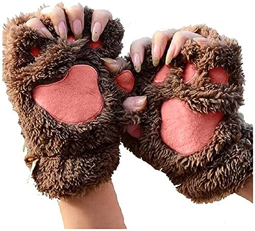 Niedliche Katze Klaue Pfote Plüschwarme Fingerlose Handschuhe - Kawaii Cosplay Kunstpelz Warm Katzen Handschuhe Winter Halbfingerhandschuhe für Damen Mädchen Frauen (Braun, One Size)