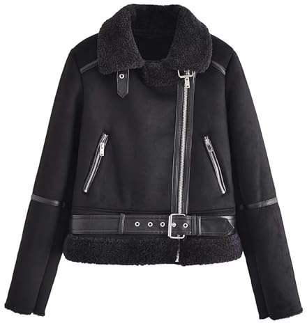 WEITING Abrigo de lana de cordero de una sola pieza de piel para mujer de otoño e invierno-negro-S