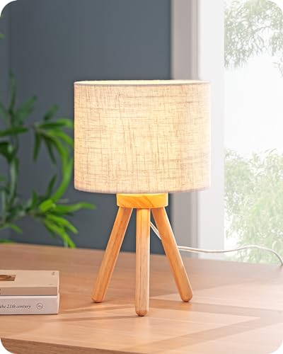 EDISHINE Lampada da comodino in legno con treppiede, paralume in lino, lampadina LED E27 inclusa, 2700K bianco caldo, lampada da tavolo moderna per camera da letto, soggiorno, ufficio, hotel, beige