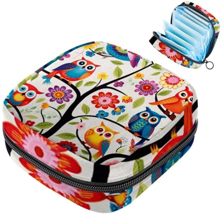 YTYVAGT Perioden-Tasche, Aufbewahrungstasche für Damenbinden, Cartoon-Eulen, Blumen und Vögel, Tampon-Tasche für Geldbörse