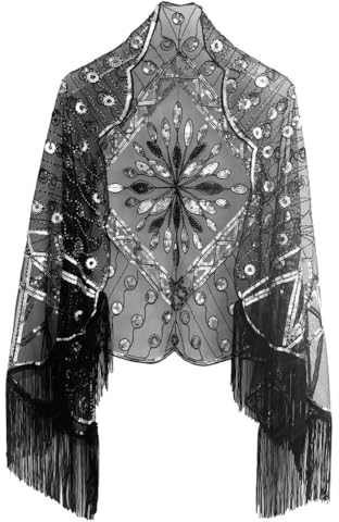 1920er Jahre Pailletten Schal Wraps Abendumhang mit Quaste Retro Umschlagtücher Wickelschal Party Bankett Vintage Flapper Abendkleider Stola für Gatsby Kostüm Accessoires schwarzes Silber