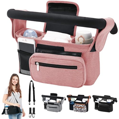 HINATAA Baby Pram Bag Stroller,Baby Stroller Organizer- Detachable Phone Bag & Shoulder Strap, 2 Insulated Cup Holder,Buggy Organiser Bag with Shoulder Strap&Non-Slip Secure Hooks (Pink)