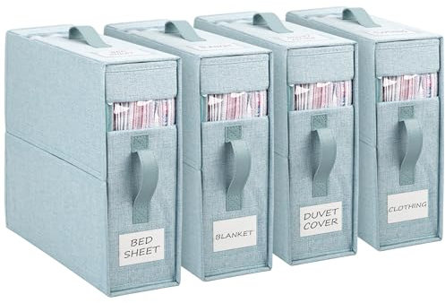 WELTRXE Bed Sheet Organizer, 4 Pack Foldable Bedding Organiser with Handle and Window, Foldaway Closet Storage Bins, Storage Container Box for King Queen Sheet Duvet Cover Set Blanket Clothes, Blue
