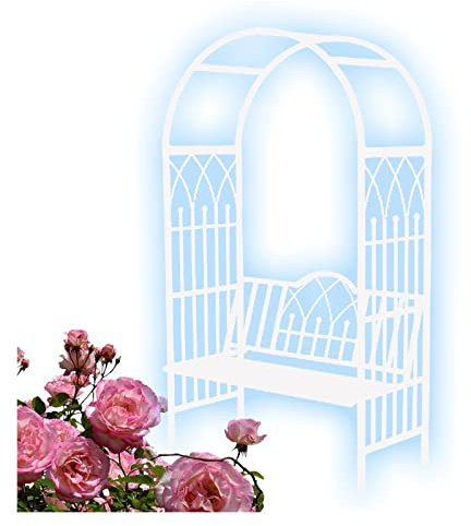 Arche de jardin en métal robuste avec banc, arche de jardin en treillis pour décoration de fête de mariage, cérémonie, charge de banc pour 2 personnes, charge de 299,4 kg (blanc)