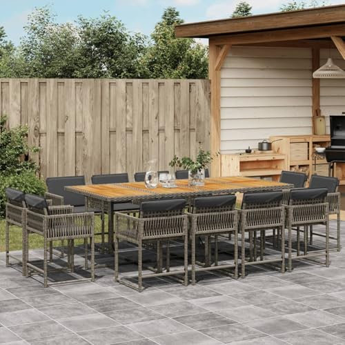 Homgoday 13-TLG. Garten-Essgruppe mit Kissen Gartenmöbel Set Balkonmöbel Sitzgruppe Stühle mit Tisch, Gartenstuhl Rattanmöbel, Terrassenmöbel Gartengarnitur Grau Poly Rattan