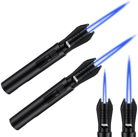 GOMETY 2 Stück Sturmfeuerzeug, 13.6 cm Nachfüllbar Jetflamme Gasfeuerzeug, Einstellbare Winddicht Langes Stabfeuerzeug, Mini Feuerzeug mit Gerader Flamme für Grill Küche Camping (ohne Gas) (Schwarz)