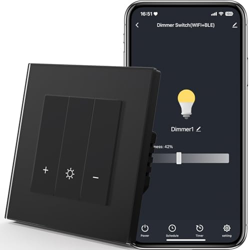 MVAVA Interrupteur Connecté Intelligent Dimmer, WiFi Interrupteur de Verre compatible avec Alexa/Google Home, Ligne neutre nécessite, 1 Gang 1 Way Dimmer， Noir