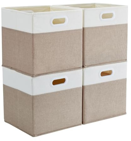 Mangata Aufbewahrungsbox 28x28x28 cm, faltenfrei Stoff Aufbewahrungskörbe für Kleiderkörbe, Körbe, Truhen, Spielzeug (4 er, Helles Khaki/Beige Weiß)