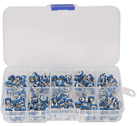 Variabler Widerstand, 100 Stück, 10 Werte, Blau, weiß, Einstellbarer Widerstand, Trimmer-Topf-Set mit Box RM065, Potentiometer