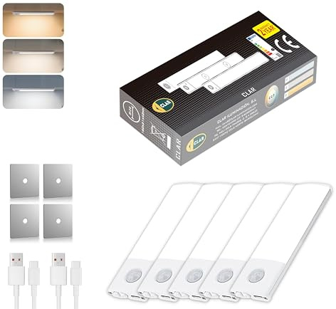 CLAR - LED Lichtleiste mit Bewegungsmelder, USB Wiederaufladbar, Auto/ON/OFF, Magnetische Montage, für Schrankbeleuchtung (10 cm, Pack 5)