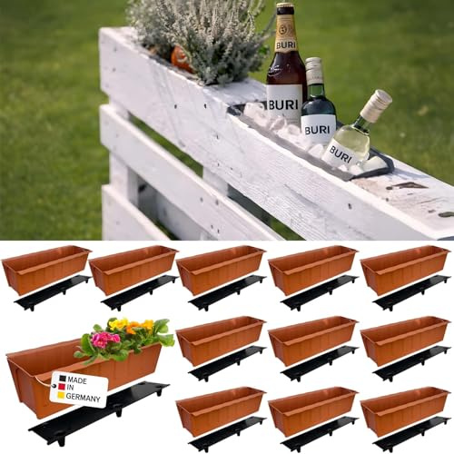 BURI 12 europaletter blomlådor inklusive bevattningsmatta | 37,3 cm terrakotta | planteringslåda för europeisk pallett | balkonglåda | blomkruka | tillverkad av robust plast | Tillverkad i Tyskland