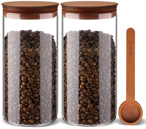 BOILMERIT 1500ml Coffee Canister Set with Scoop and Wooden Lids - Airtight Glass Storage Jars for Ground Beans, Sugar and Bar Organizing