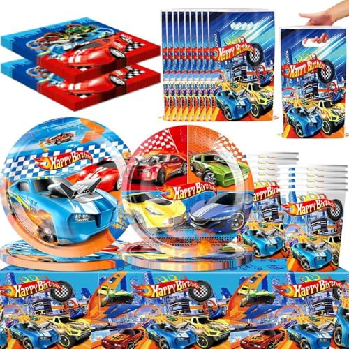 Kit Vaisselle Anniversaire Cars, 61 Pièces Décoration de Fête d'anniversaire pour avec Voiture de Course, Set de Vaisselle pour Fête d'anniversaire, Nappe, Assiettes, Gobelets, Serviettes - 10 Personn
