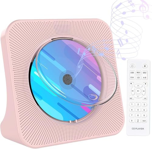 Gueray Reproductor de CD Bluetooth Reproductor de CD de sobremesa con Cubierta Antipolvo Control Remoto Radio FM Altavoces incorporados Admite Salida de Entrada USB/AUX Rosa