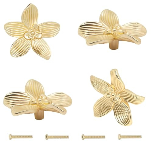 Bebochoi 4 Pièces Boutons En Forme De Fleur Pour Armoire, Or Poignées BoutonsDe Meuble Avec Vis De Fixation, Boutons de Tiroir, pour Portes D'Armoire et Tiroirs de Commode