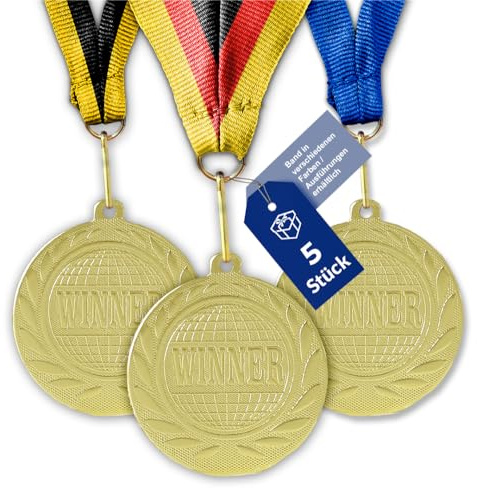 geschenke-fabrik.de Winner-Medaillen Kinder-Set, Gold, Metall | Bandfarbe & -breite nach Wahl, optional mit Wunschtext, für Kindergeburtstag, Turniere & Vereine
