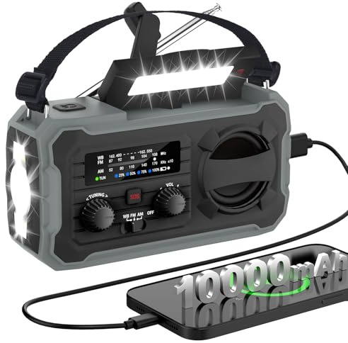 FIVAVA Radio de manivela, radio solar portátil con AM/FM, banco de energía de 10000 mAh, radio de emergencia con alarma SOS, linterna LED, generador de manivela y puerto USB para camping, ourdoor