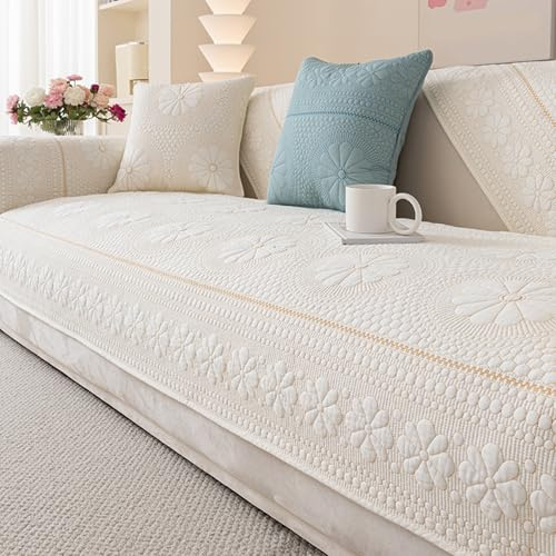 Copertura per Divano in Cotone Trapuntato, Modello Margherita, Stile Rustico, Antiscivolo, Morbida, Lavabile, Protezione per Divano da Cani e Animali Domestici White 110x180cm/43.31x70.87in