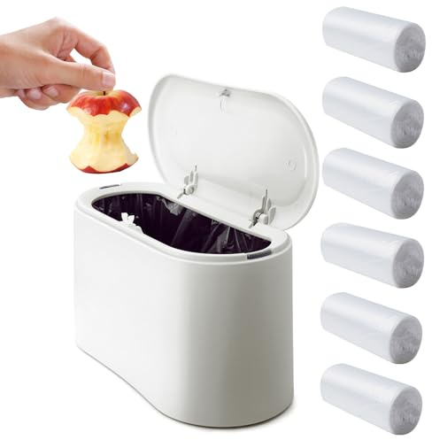 Ronyes Mini Trash Can with Press Lid and Trash Bag180 Bags, White | Secure Liner Placement Countertop Waste Bin Keeps Waste Contained or Toiletries across Offices, Bedrooms and Living Areas