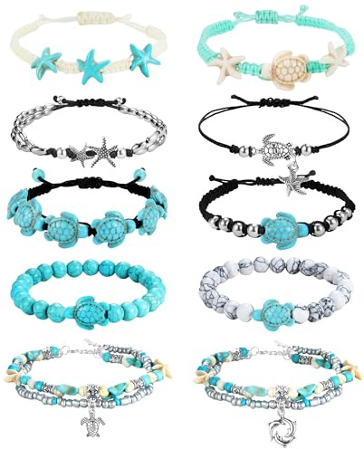 Roheafer 10 Stück Fußkettchen für Damen, Wasserfestes Handgemachtes Muschel & Schildkröten Armband, Verstellbares Boho Sommer Strand Fußkette für Frauen Männer, Schmuck Geschenk
