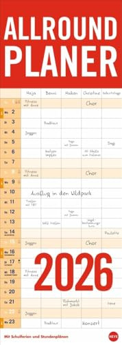 Allround-Familienplaner Vertical Kalender 2026: Praktischer Wandplaner mit 5 Spalten. Großer Familien-Wandkalender mit Schulferien und 3 Stundenplänen. Terminkalender 2026. (Bürokalender Heye)
