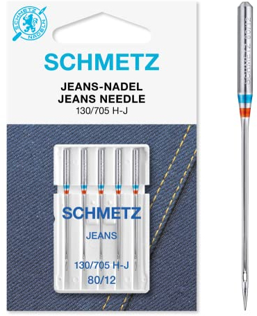 SCHMETZ | 5 Nähmaschinennadeln | Jeans | 130/705 H-J | Nadeldicke 80/12 | Geeignet für das Vernähen von Jeans und ähnlichen Stoffen | auf jeder gängigen Haushaltsnähmaschine einsetzbar