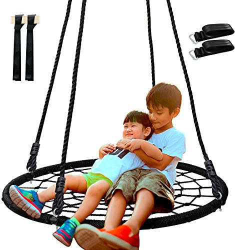 SUPER DEAL 40'' Spider Web Tree Swing Round Net Swing Platform Rope Swing Set for Kids Adult, 71 Detachable Nylon Rope with Swivel for Outdoor Backyard, Max 660 Lbs Extra Safe Steel Frame, Black