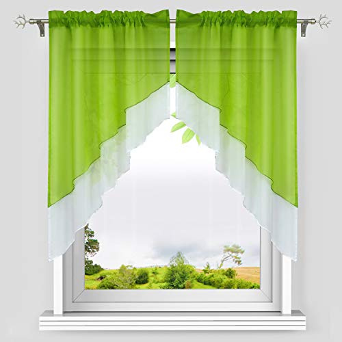 HeichkelL Skivgardiner båge, grön B x H 120 x 125 cm (varje styck) | Voile gardiner set i 2 delar, små fönster gardin, dragsko korta luckor, dubbla lager köksgardiner