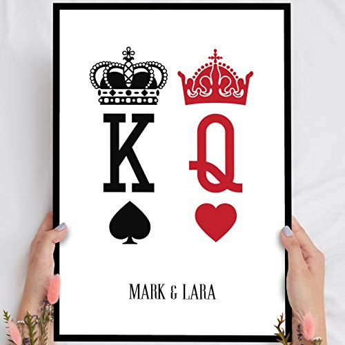 Elbeffekt Holzbild Karten - personalisierbar zum Hinstellen/Aufhängen optional beleuchtet, King & Queen mit Spruch auf Holz - Wand-Bild Aufsteller Dekoration - persönliches Geschenk