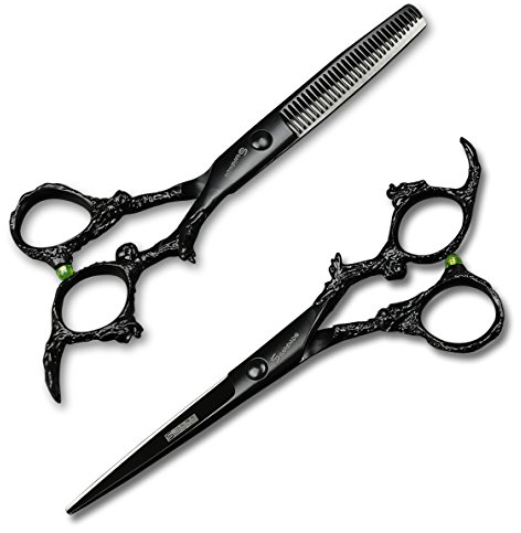 Professionelle Haarschneideschere mit Drachengriff, 440 C, Friseurschere und Effilierschere, perfekt für Haarstylisten, 15,2 cm, Schwarz