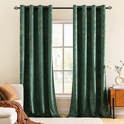 MIULEE Dark Green Velvet Curtains Eyelet with Gold Foil,2 Panel Set 90 Inch Drop Curtains for Living,Super Soft Insulated Velvet Curtain for Bedroom,Thermal Blackout Curtain 46 x 90 Inch