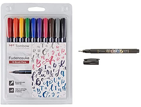 Tombow WS-BH-10P Brush Pen Fudenosuke 10er-Set, bunt, Etui & WS-BH Brush Pen Fudenosuke, harte Spitze, schreibfarbe schwarz, GCD-111