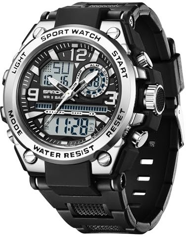 KXAITO Herrklockor sport utomhus vattentät militär klocka datum multifunktion taktik LED larm stoppur, 6024_Silver, Large, militär