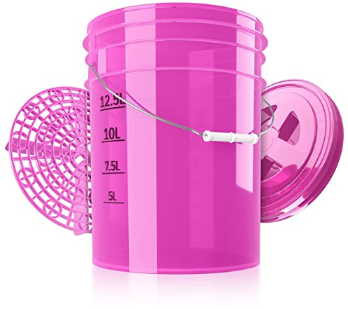 chemicalworkz Performance Bucket Auto Wascheimer 5GAL/19L (Clear pink) mit Deckel & Schmutzsieb + kompatibel The Detail Guardz - Dirt Lock & Scrub Wall, Dirt Trap Schmutzfalle, Gamma Lid