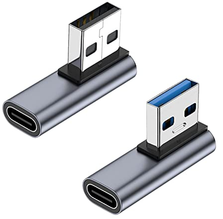 AreMe 90 Degree USB C Female to USB Male Adapter 2 Pack, Left and Right Angle Type C to USB A Charger Converter for iPhone, Apple iWatch Watch, Airpods, iPad Air Mini and More
