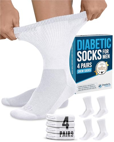Doctor's Select Diabetic Socks for Men - 4 Pairs Crew White Stretch Top | Diabetic Socks for Men 9-12 | Neuropathy and Edema