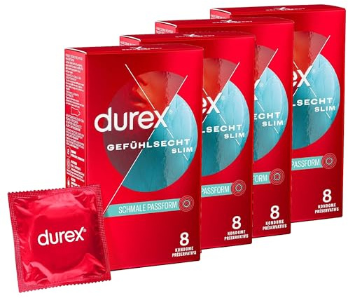 Durex Gefühlsecht Slim Fit Kondome – Hauchzarte Kondome mit schmaler Passform für intensives Empfinden – 4er Pack (4 x 8 Stück)