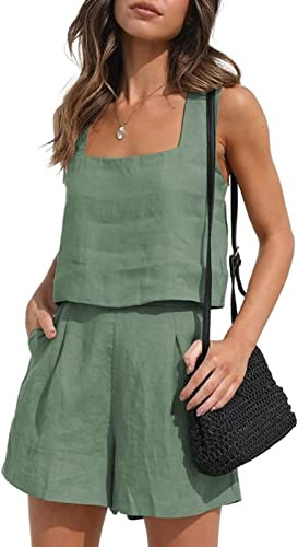 YARKIM Womens 2 Piece Outfits Lounge Matching Sets Two Piece Linen Shorts Crop Tops 2023 Trendy Clothes Summer Vacation Set(Bean Green,Medium)