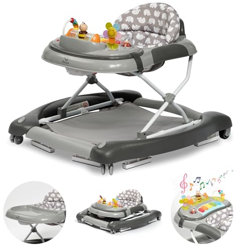 BRONEA® 4-in-1 Gehfrei Babywalker ab 6 Monate | Lauflernwagen mit Schaukelfunktion und Spielpaneel mit Musik | Höhenverstellbare und Klappbar | Lauflernhilfe mit leisen Rollen und Bremsen
