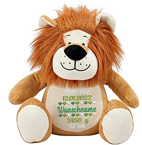 Elefantasie Personalisiertes Stofftier kuscheliger Löwe mit Ihrem Wunschnamen Bestickt Plüschtier mit Geburtsdaten