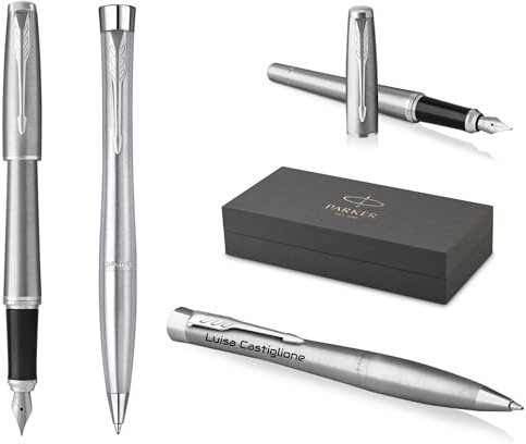PARKER Urban Kugelschreiber und Füllfederhalter Twist mit Gravur | Premium Stift | Geschenkbox | personalisiertes Geschenk | Namen | graviert | Jahrestag | Geburtstag (Metro Metallic C.C.)
