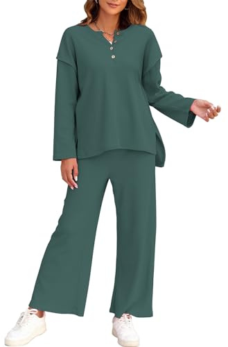FANCYINN Donne 2 Pezzi Outfits Sweatsuit Manica Lunga Button Pullover Sciolto Top e Pantaloni Gamba Larga Lounge Set Tracksuit Verde Drak L