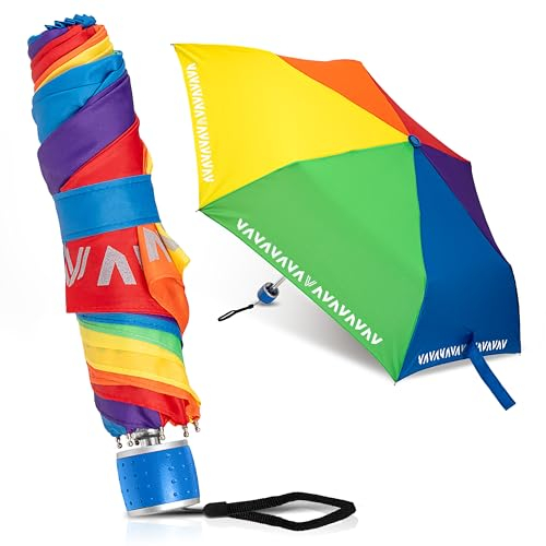 Villkin Regenschirm für Kinder mit Reflexstreifen - Bunter und Leichter Taschenschirm für Kinder mit einer Spannweite von 97cm – Sturmsicherer Schirm für Jungen und Mädchen (Regenbogen (Manuell))