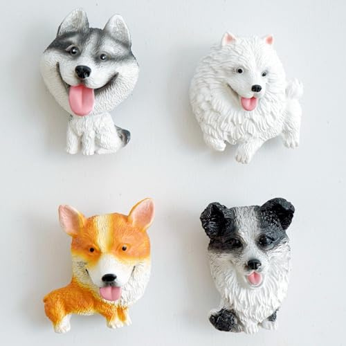 Bonilve 3D Hundemagnet Kühlschrankmagnete, 4er Set Süße Hunde Magnete aus Harz, Handbemalt, Niedliche Dekoration für Küche Büro Spind Whiteboard, Husky Samojede Border Collie Corgi für Hundeliebhaber
