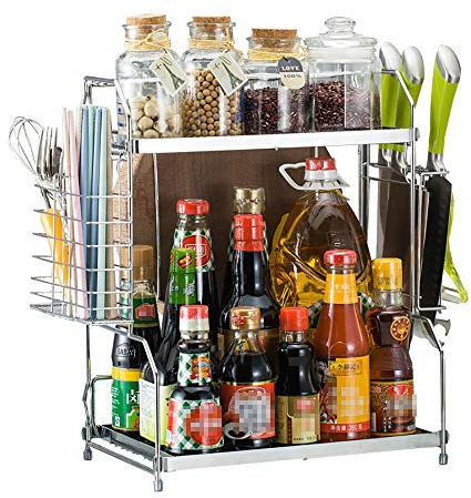 QZQJUILU Kitchen Shelves Seasoning Condiment Rack Removably Layer 2 Frame Storage Shelves Metal Carrier Tape 4 Non-slip Mats For Home Kitchen Cruet Jar Holder