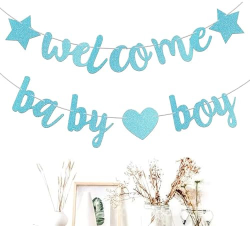 Welcome - Pancarta de bienvenida para bebé, bienvenida al hogar, decoración con corazones, para decoración de fiestas, decoración de hogar, bebé, nacimiento, Weclome Home (azul)