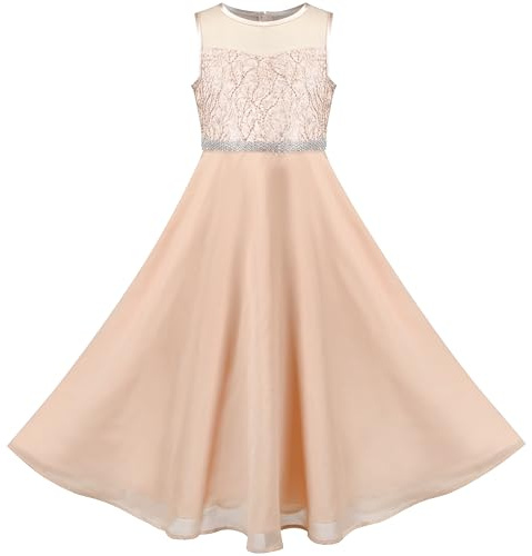 Sunny Fashion Vestido para niña Beige Lentejuela Boda Dama de Honor Gasa Formal Fiesta Pageant 10 años